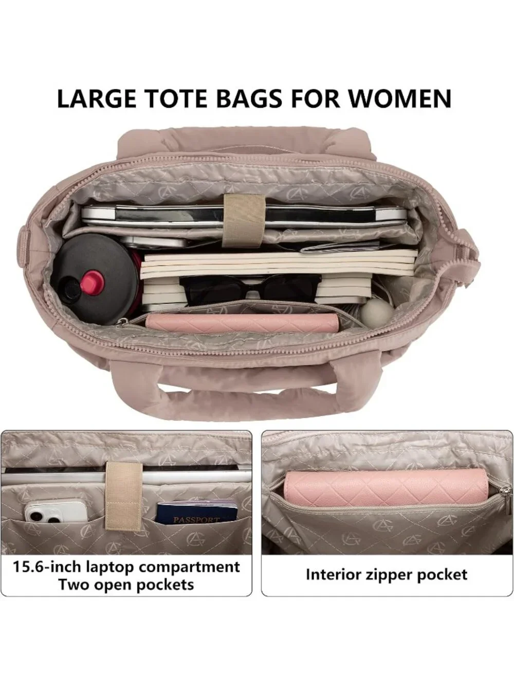 👜Women's Deep Khaki Quilted Puffer Tote Bag Lightweight Work For Travel Handbag